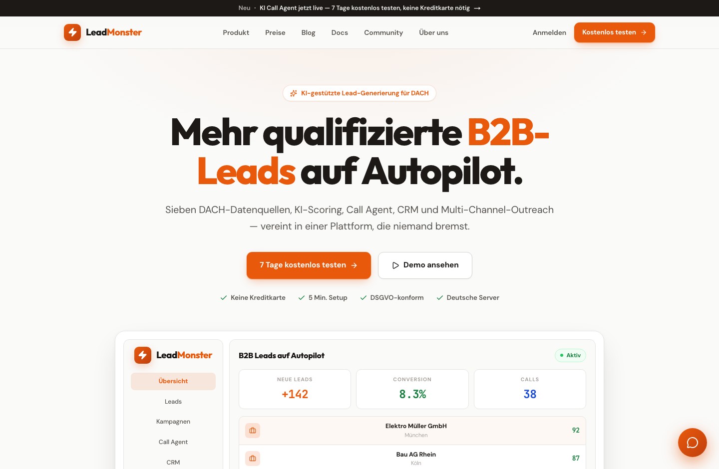 Hero-Bereich der Lead-Monster-Website für B2B-Vertrieb