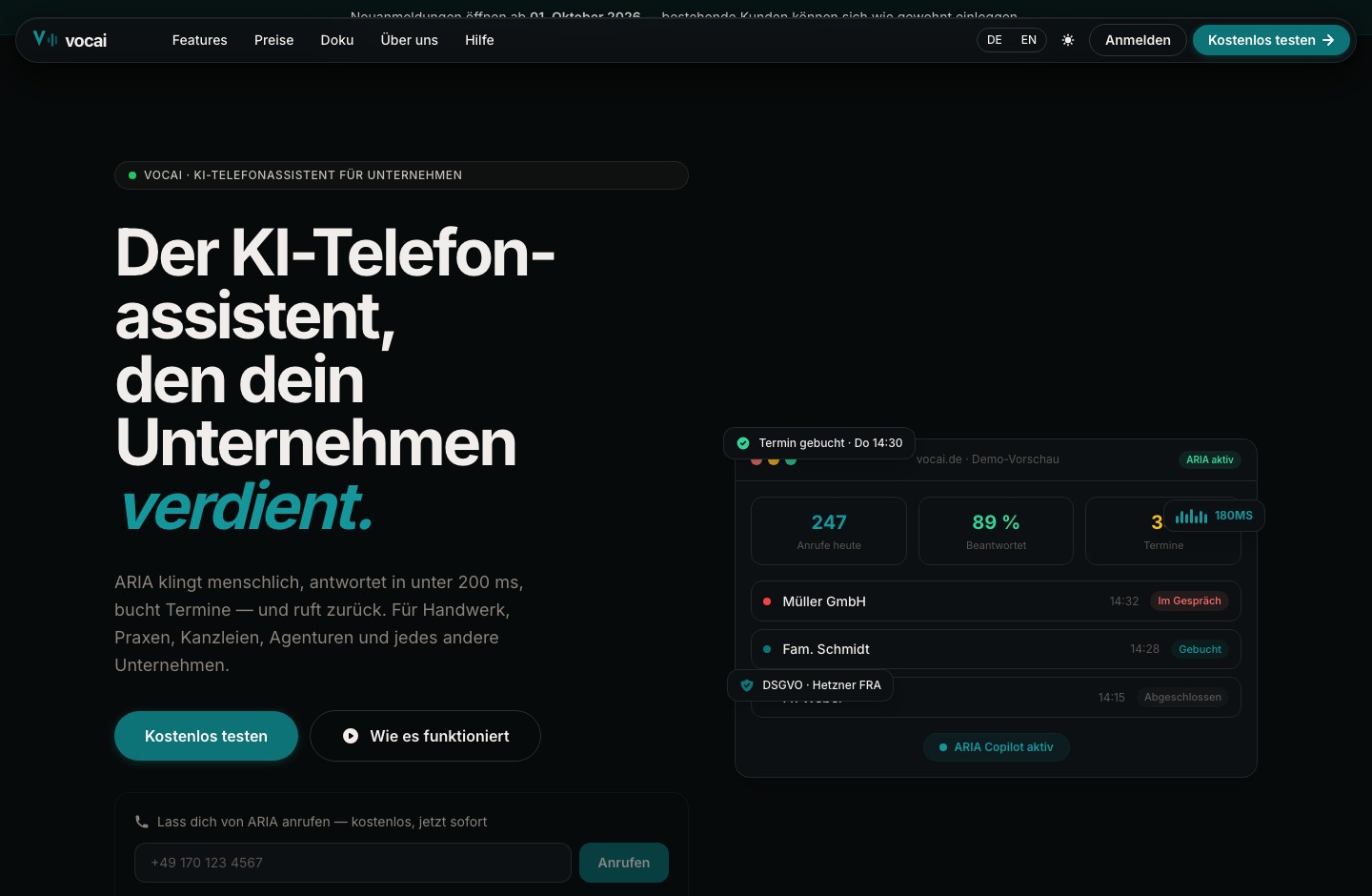 Hero-Bereich der VOCAI-Website mit KI-Telefonassistent ARIA